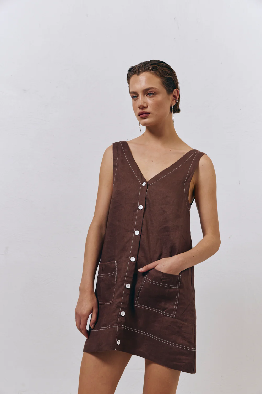 Alice Linen Mini Dress Brown - Image 3