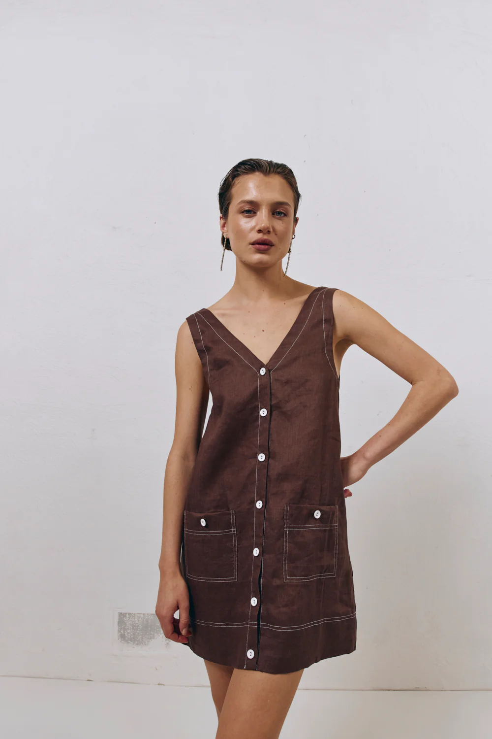 Alice Linen Mini Dress Brown - Image 5